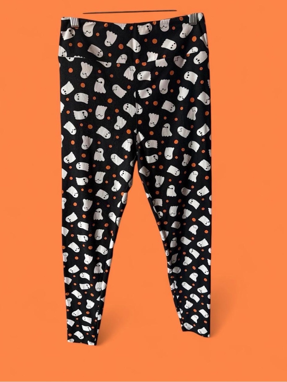 LuLaRoe Black Leggings with White Ghosts and Orange Dots